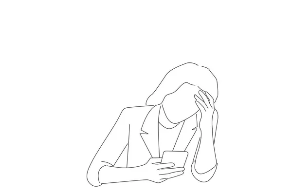 Illustration Confused Young Businesswoman Looking Smartphone Screen — Διανυσματικό Αρχείο