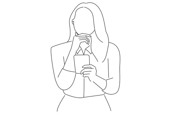 Cartoon Pensive Businesswoman Using Mobile Phone Looking Away Oneline Art —  Vetores de Stock