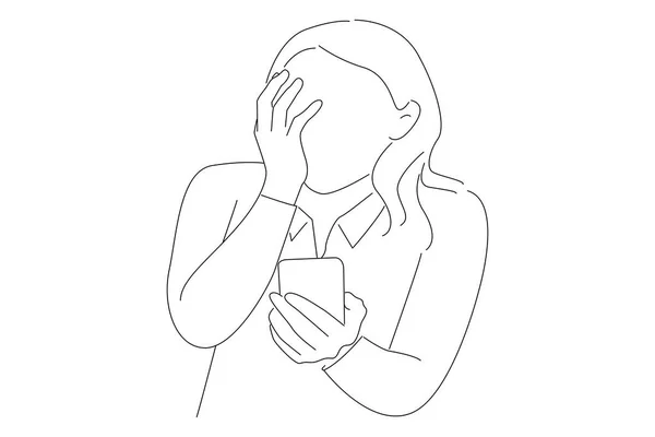 Drawing Scared Young Business Woman Looking Phone Seeing Bad News — 图库矢量图片