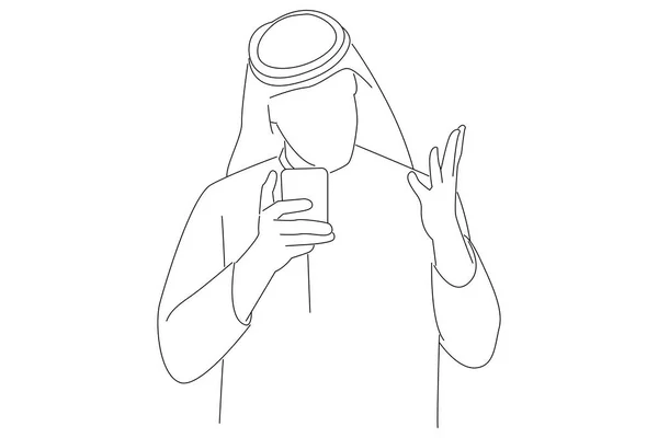 Drawing Arabian Businessman Expressing Anger Phone Line Art Style - Stok Vektor