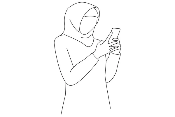 Drawing Asian Muslim Woman Confused Surprised Looking Smartphone — Stock vektor