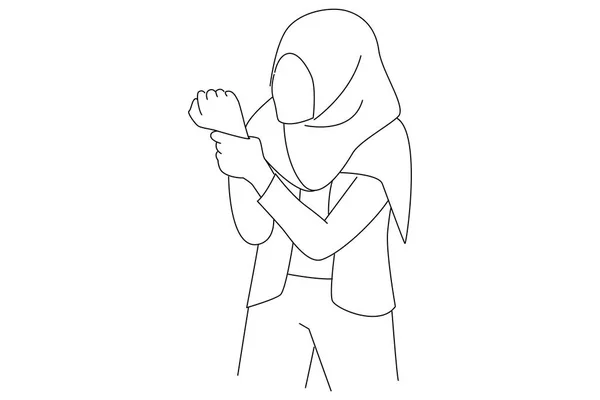 Cartoon Young Muslim Woman Holding Wrist Hand Pain Sickness Concept — ストックベクタ