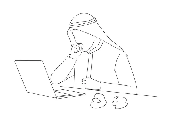 Illustration Sick Arab Businessman Laptop Coughing Office One Continuous Line — Image vectorielle