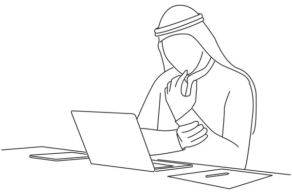 Illustration Exhausted Young Arab Man Laptop Having Wrist Pain One — Image vectorielle