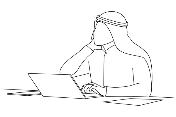Illustration Arab Businessman Having Neck Pain One Line Style Art - Stok Vektor