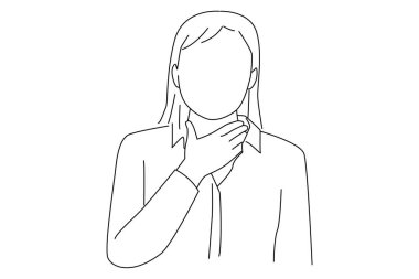 Cartoon of woman worker holding her inflamed throat pain. line art style