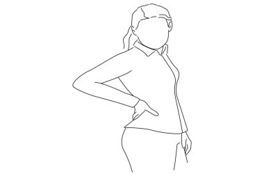 Illustration of business woman with back pain holding her aching hip. Outline drawing style art