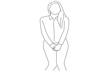 Cartoon of pretty young woman in need of a toilet. Outline drawing style art