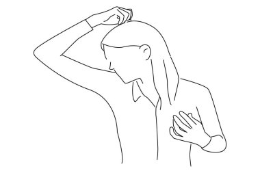 Cartoon of young woman who sniffs armpits and her face is negative. Outline drawing style art