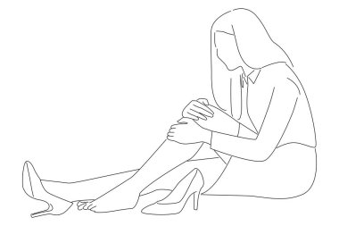 Drawing of businesswoman with knee problems sitting. line art style