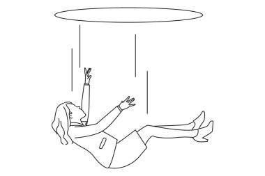 Drawing of young woman falling through the sky. line art style