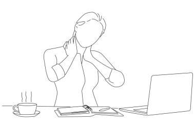 Illustration of young business woman with pain in neck in office. line art style