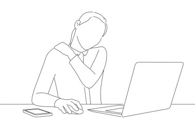 Drawing of business woman has neck pain after hard work. Outline drawing style art