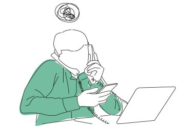 Drawing of stressed businessman working in his office and having multiple calls.