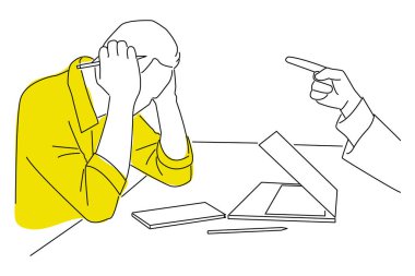 Drawing of businessman getting complained for work mistake. Single line art style