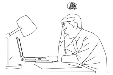 Illustration of Tired worker having problem. Man makes dumb mistake has difficulty. line art style
