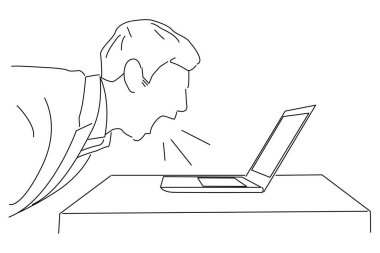 Illustration of Man sitting at the table and screaming at his laptop. line art style
