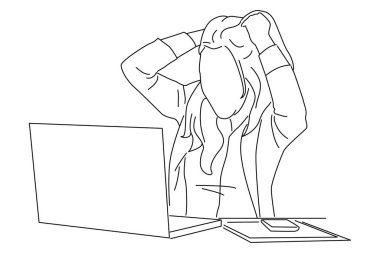 Cartoon of business woman at the desk with a laptop chip her hair and screaming. line art style