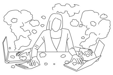Cartoon of working woman writing on keyboard with anger. line art style