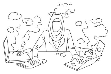 Illustration of hijab muslim business woman writing with anger on keyboard. Outline drawing style art