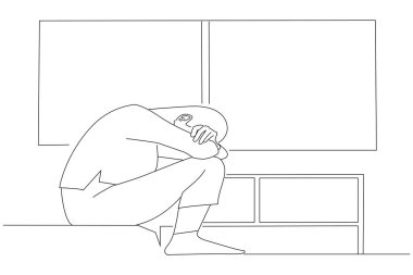 woman feeling upset, sad, unhappy or disappoint crying lonely in her room. One line art