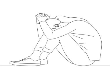 sad teen girl sit on sill crying alone at home, upset desperate. Oneline art drawing style