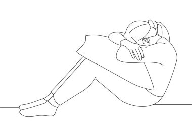 woman sit depression and anxiety with white background for copy space.. One line art