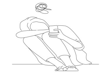 woman with depressed facial expression sitting holding her phone. Line art style