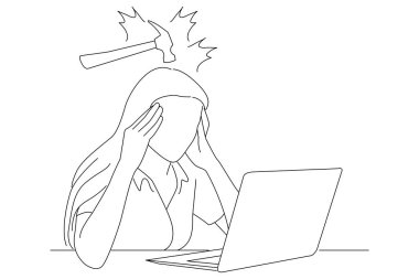 stressed woman suffering migraine with a laptop sitting in a table at home. Line art style