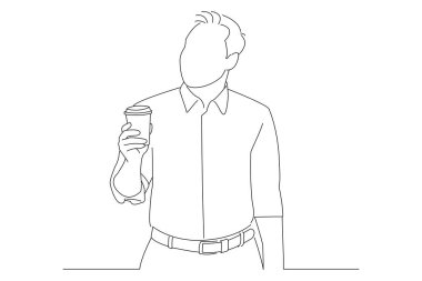 Drawing of business man standing hold cup of coffee or tea looking aside. Outline drawing style art