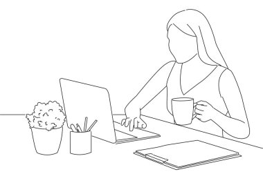 woman working with laptop and drinking coffee. Oneline art drawing style