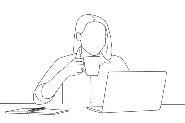 Female Office Worker Using Laptop And Drinking Coffee At Workplace. One line art