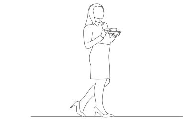 businesswoman holding a cup of coffee and standing wearing her high heels. One line art