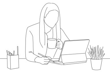 woman work using a tablet and drinking coffee at the office. Line art style