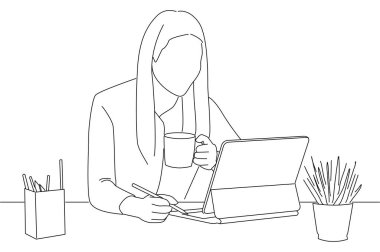 woman work using a tablet and drinking coffee at the office. Line art style