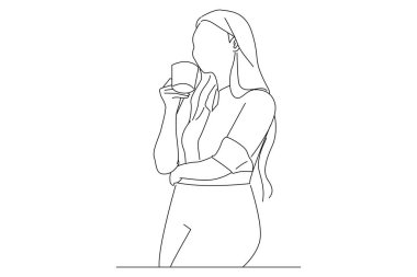 businesswoman standing in the office while drinking her coffee. Oneline art drawing style