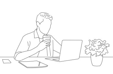 worker in glasses drinking coffee while watching video on his laptop. Oneline art drawing style