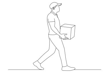 Cartoon of delivery man carrying packages and walking. Line art style
