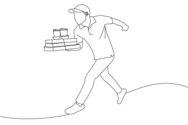 delivery man running with pizza boxes and takeaway coffee. Oneline art drawing style