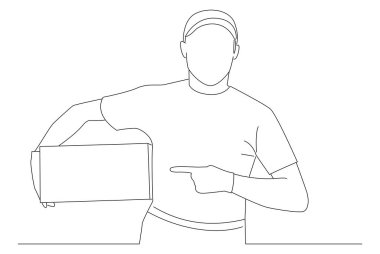 delivery man employee hold cardboard package box and pointing it. One line art