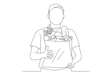 Drawing of delivery man holding fresh food paper bag door to door. One line art