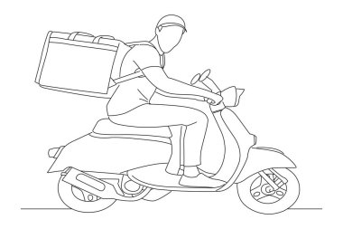 delivery man riding motorcycle using backpack contain package box parcel. Outline drawing style art