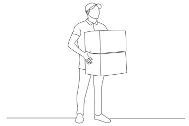 Drawing of delivery man carry boxes. One line art