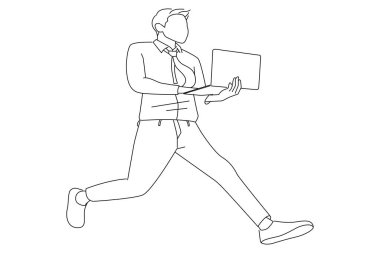 businessmaan jump hold computer run fast isolated white background. One line art