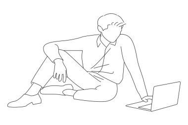 businessman sitting using laptop watching tutorial. Line art style
