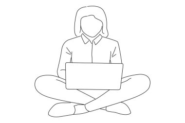 businesswoman worker work on her netbook sit legs crossed folded. Oneline art drawing style