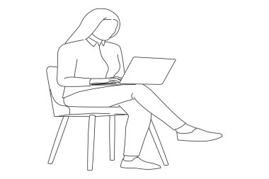 businesswoman developing strategy near empty space on laptop. Line art style