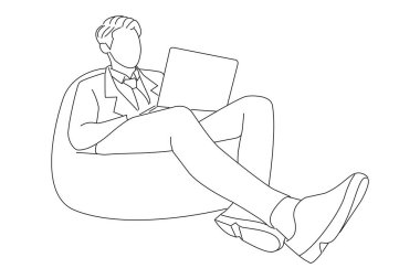 Drawing of businessman sitting in pouf and using laptop. Line art style