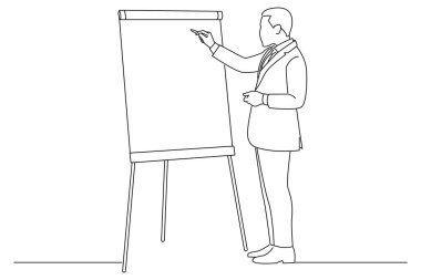 businessman talk make whiteboard presentation for employees. Outline drawing style art