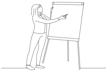 female teacher conducts online lesson for students via video conference. One line art